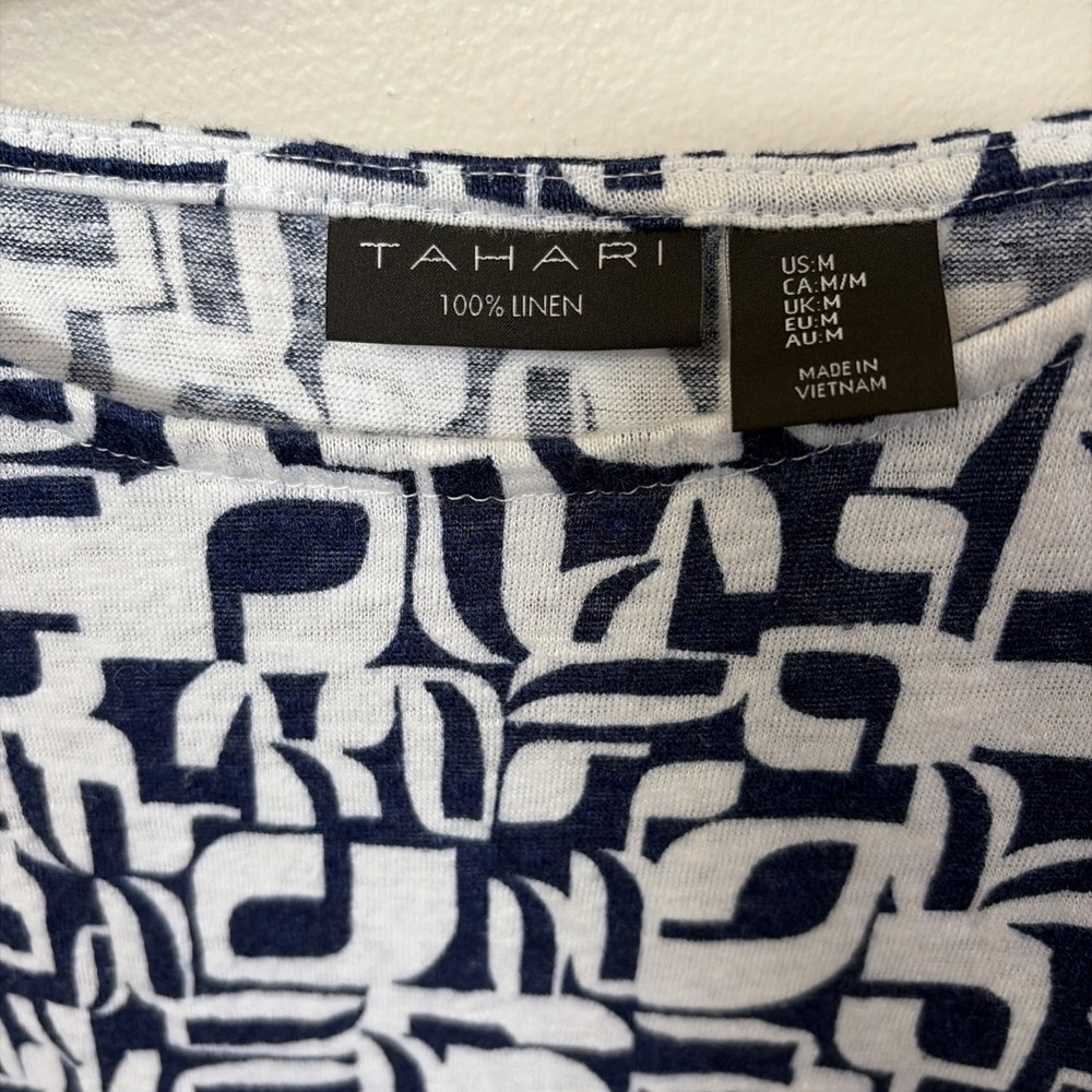 Tahari Top Women's Size M Blue White Linen Sleeveless Casual Tunic - Picture 3 of 3